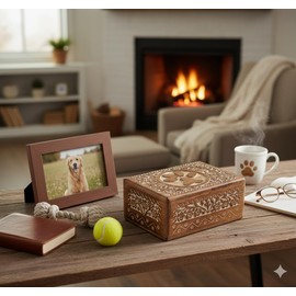 SWACRAFT Wooden Whitewash Pet Memorial Urn for Dogs and Cats, Mango Wood Decorative Funeral Cremation Urns with Paws Design Wooden Urn Cremation Box 7 X 5 X 3 Inches