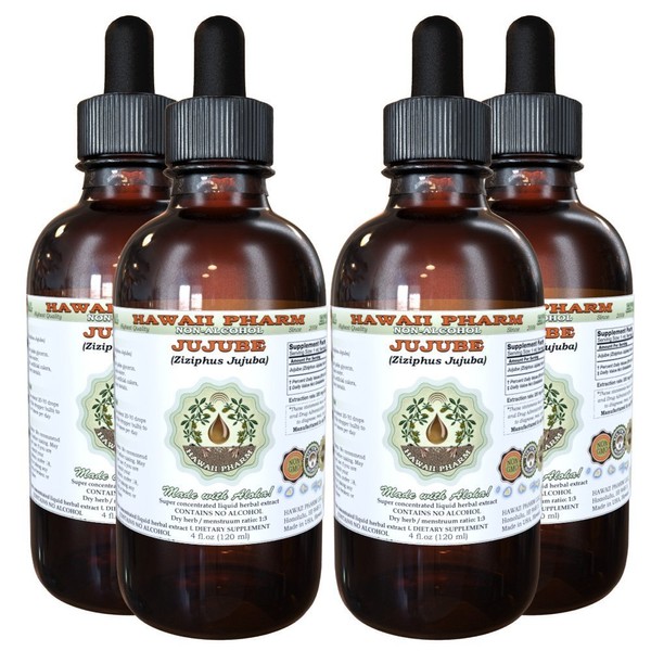 Hawaii Pharm Jujube Alcohol-Free Liquid Extract, Jujube (Ziziphus Jujuba) Dried Fruit Glycerite Natural Herbal Supplement 4x4 oz