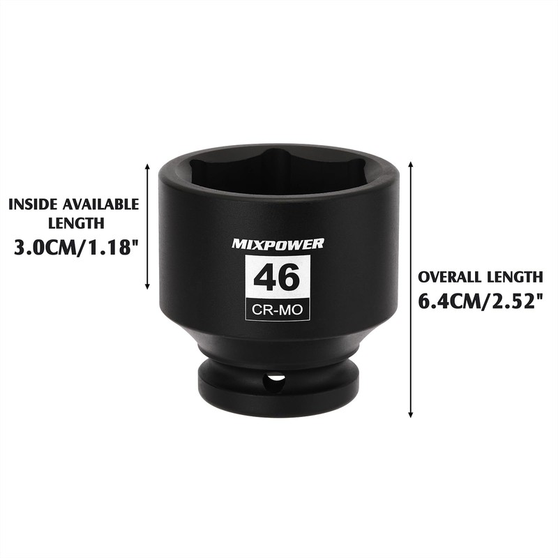 MIXPOWER 3/4" Drive Shallow Impact Socket, 46mm, CR-MO, Metric, 6