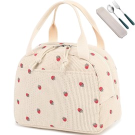 Bolsa de Almuerzo,Bolsa de almuerzo de pana,Bolsa de almuerzo aislada para mujeres,Impermeable y a prueba de fugas reutilizables Bolsa Térmica Aislante De Gran para Picnic,oficina,Camping (Beige)