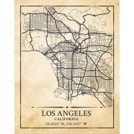 Los Angeles CA City Street Map Wall Art - 11x14 Vintage Antique Aerial View Decor Print with Coordinates. Makes a Great California-Inspired Gift!