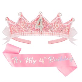 Shimmerz Birthday Crown Headband, Crown and Bow, Princess Pink Crown Headband, 4-Year-Old Girl Birthday Gift Outfit Birthday Decoration