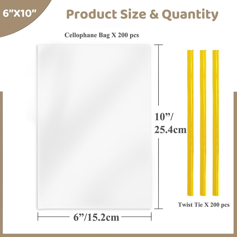 WIKDAY Cellophane Treat Bags with Ties 6x10 Inches 200 PCS