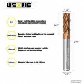 WEXWE Tools Roughing End Mill Carbide Milling Cutter for Alloy Steels Hardened Steels - Micro Grain Carbide + ZrN Coating - 4-Flute (2 Piece, 1/4"-2.5" L)