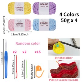 FALSKT Easy Crochet Yarn for Beginners 4x50g Chunky Yarn for Crochet Cotton Amigurumi Yarn Thick Wool for Knitting Crafts with Crochet Hook Plastic Needles Stitch Markers
