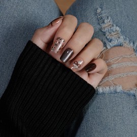 KQueenest Leopard Nägel zum Aufkleben Kurz Sarg - Soft Gel Press On Nails French mit Gepard Gestaltung, Braun Blumen Fake Nails Set, Niedlich Fingernägel zum Aufkleben für Frauen 30 Pcs