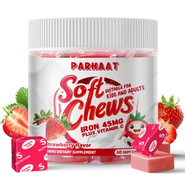 Parhaat Iron Soft Chew Supplement with Vitamin C | Strawberry Flavored | Gluten Free | Iron Supplement for Women Men and Kids | 60 Count | 2 Month Supply