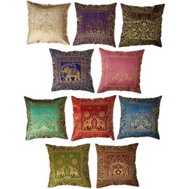 Shubhlaxmifashion Indian 10 Pcs 20x20 Inch 50x50 CM Elephant Banarsi Silk Indian Ethnic Bohemian Decorative Cushion Cover Handcrafted Patchwork Sari Throw Pillow Boho Decor Cushion Cover for GIF