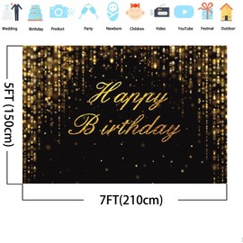 Large Happy Birthday Party Backdrop No Wrinkles Black and Gold Glitter Bokeh Sequin Spots Photography Background Golden Sparkle Baby Banner Decor Backdrop Photo Background Studio Props (7x5ft)