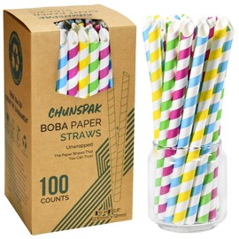 Large Wide Lace Paper Straws for Boba, Bubble Tea, Smoothies, Milkshakes - 230 x 12 mm, Colourful Stripes, Unpacked, Pack of 100