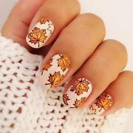 Fall Maple Press on Nails 24 Pcs Fallen Leaves False Nails Glossy Yellow Maple Leaves Acrylic Fake Nails Maple Gel Glue on Nails for Manicure Thanksgiving Stick on Nails for Coquette Women Girls