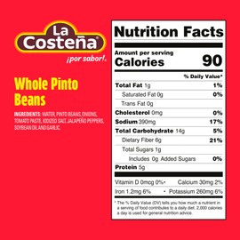 La Costeña Whole Pinto Beans - Ready-to-Eat Canned Pinto Beans for Mexican Food, Vegetarian Chili Ingredients, Bean Dip, Bean Burger, Burrito & Vegan Protein Salad - 19.75oz, 6 Pack Canned Food