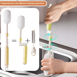 Flexible Long Handle Bottle Sponge Brush with 2 Replacement Heads | 33cm Extendable Handle | 360° Rotating and Adjustable Cleaning Tool for Home, Kitchen, Water Bottles, Cups, Mugs