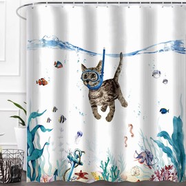 Blue Ocean Shower Curtain Diving Cat Print Waterproof Bath Curtain Durable Polyester 180 x 180 cm Modern Bathroom Decoration Accessories Comes with 12 Hooks
