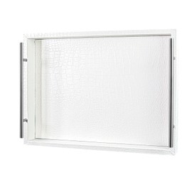 VOVOGERATTO White Leather Serving Tray with Silver Handles, Rectangular Tray for Coffee Table, Ottoman, Alligator Faux Leather, Decorative Trays for Home Decor, for All Occasions, 16" x 12"