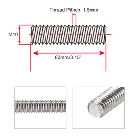 HiPicco M10 x 80mm Fully Threaded Rod & Studs, 304 Stainless Steel Right Hand Threads Rods, M10-1.5 Thread Pitch for Anchor Bolts, Clamps, Hangers and U-Bolts 5 Pack