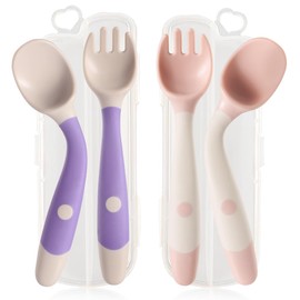 Toddler Spoons and Forks Set Bendable Baby Utensils Set Self-Feeding Silverware for Kids Infants Children with Travel Case Gum Friendly Food Grade Dishwasher Safe(Pink+Purple, 2 Set)