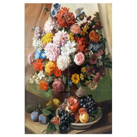 Tile Mural Still Life of Fruit and Flowers by Leopold Stoll Plum pear Grape Plate of Fruit Apricot Pomegranate Kitchen Bathroom Shower Wall Backsplash Splashback 2x3 4.25" Ceramic, Glossy