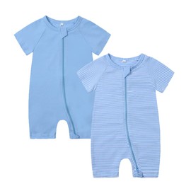 Feidoog 2PCS Baby Boys and Girls' Summer Short Sleeve One-Piece Romper Cute Cartoon Zipper Jumpsuit Outfits,BlueSet,12-18M