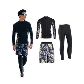 Xulee Men's Rash Guard, Long Sleeve, Open Front, Surf Pants, Leggings, 3-Piece Set, Zip-up, Swimming, Surf Pants, Leggings, Beach, Swimming Pants, Hot Springs, Breathable, UV Protection, UPF 50+,