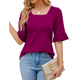 Bashafo 3/4 Length Sleeve Women Tops Spring Blouse 2024 Dressy Casual Square Neck Summer Tunic Purple Red L
