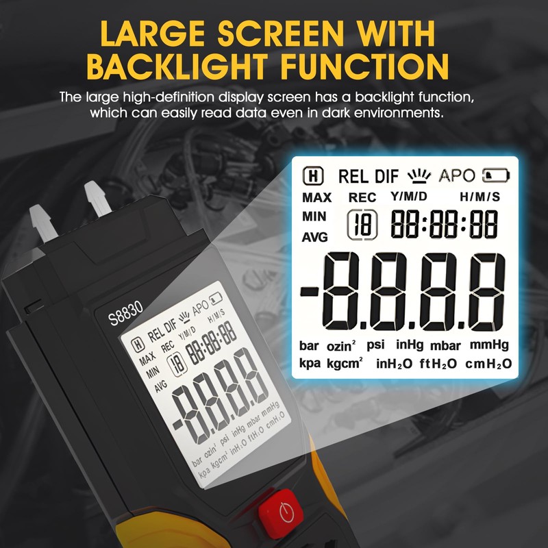 Manometer HVAC, ±36.80kPa Digital Manometer, Handheld Gas Pressure Tester, Dual-Port