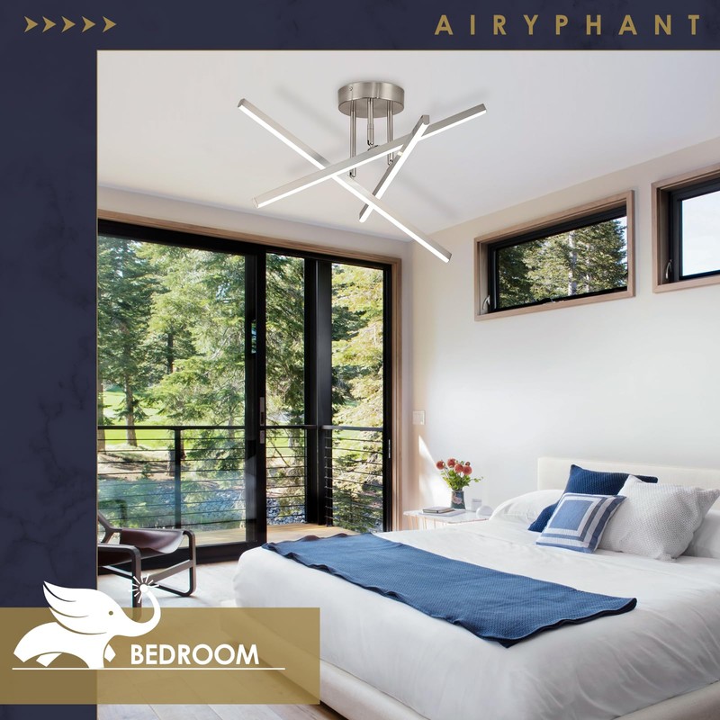 AIRYPHANT Modern LED Chandelier 18W Dimmable Nickel Semi Flush Mount