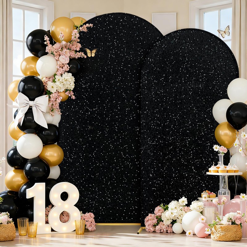 SquarePie Black Sequin Velvet Arch Backdrop Cover 7.2 FT Glitter