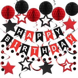 Red and Black Birthday Decoration, Happy Birthday Banner with Honeycomb Balls, Star Hanging Swirl Streamers, Circle Dots Garland, Happy Birthday Party Decorations for Women Men Boys Girls