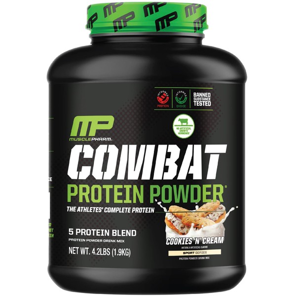 MusclePharm Combat Protein Powder, Cookies ‘N’ Cream Flavor, Fuels Muscles for Productive Workouts, 5 Protein Sources including Whey Protein Isolate & Egg Albumin, Gluten Free, 4 lb, 52 Servings