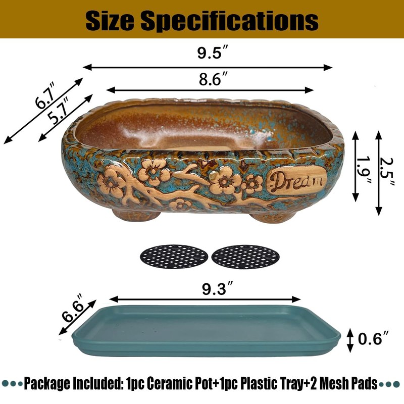MUZHI 9.5” Rectangular Ceramic Rustic Bonsai Planter Pots with Drip
