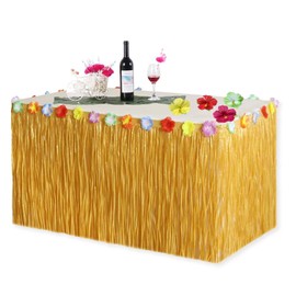 VIKSAUN Table Skirt, Hawaiian Table Skirt, Hawaiian Hibiscus Grass Table Skirt with Silk Flowers, for Bbq Tropical Garden Beach Summer Party Decorations, Events, Birthdays, Celebration (1 Pcs)