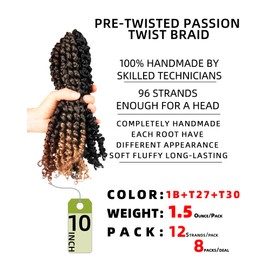 Passion Twist Crochet Hair-Mixed Color Combo Pack(6 packs 1B+1 pack T1B/27+1 pack T1B/30),Pre-twisted Pre Looped Synthetic Braided Hair Extensions For Black Women and Kids(10"-8 Packs,1B+T27+T30)