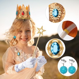 GHGMAO 5pcs Princess Peach Crown Accessories Kit for Girls Include Crown Headband Brooch Earrings Fairy Wand Gloves Women Princess Peach Costume Dress Up Set for Kids (Star Fairy Wand)