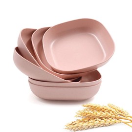 6 PCS 5.7inch/14.5cm Square Lightweight Wheat Straw Plates, Deep Dinner Dishes, Camping Dinnerware for Serving pasta fruit (Pink)