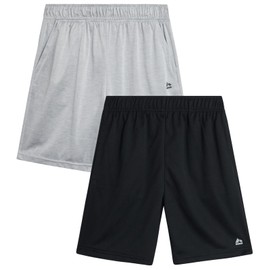 RBX - Pantalones cortos deportivos para niño, paquete de 2 pantalones cortos de gimnasio activos de rendimiento con cintura elástica y bolsillos laterales (tamaños: 8-16), Gris Jaspeado Negro, 14-16