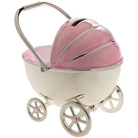 Christening Gift Silver Plated Pink Enamelled Pram Money Box