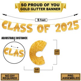 TOYVENTURES Graduation Gold Decorations Set - Congrats Grad Banner, Class of 2025 Backdrop, Party Supplies for High School & College Celebrations Degree PHD (Pre-strung, No DIY Required)