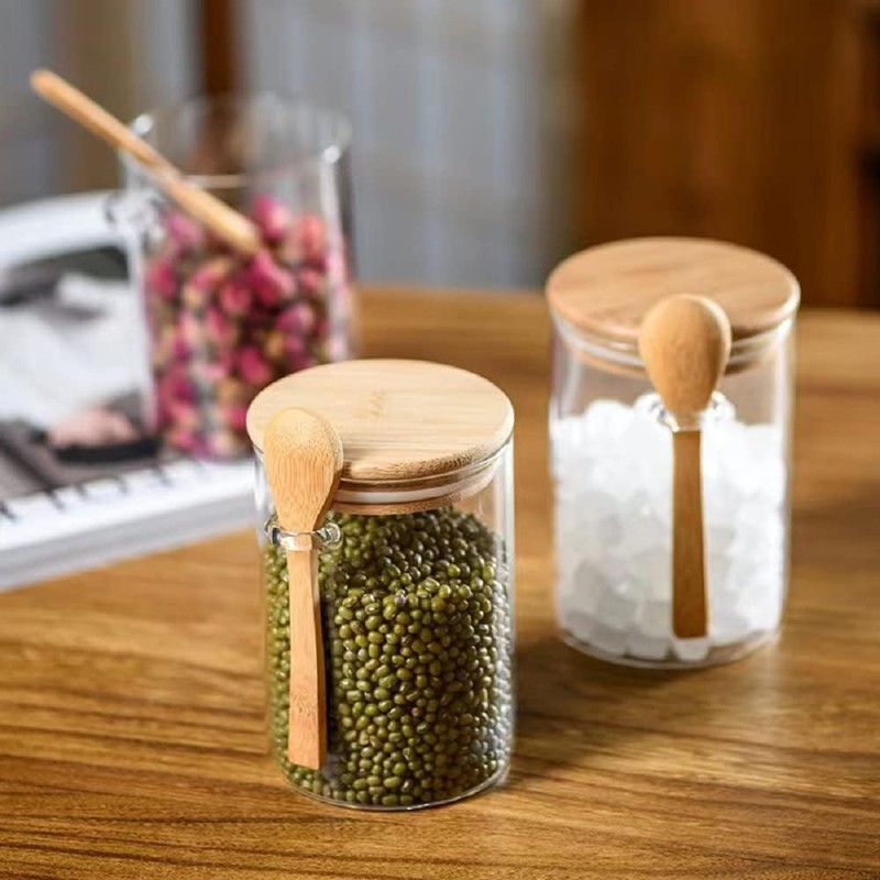 Airtight Glass Jars With Bamboo Lids And Spoons, 17oz Glass