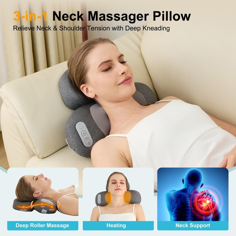 Huieo 3-in-1 Neck Massager Pillow with Heat, 2-Speed Adjustable Deep