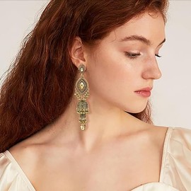 Jhumka Long Tassel Bell Earrings Vintage Jhumki Bollywood Traditional Ethnic Indian Dangle Drop Earring Bohemian Bead Gift for Women Girls Oxidized Antique CZ Wedding Party Festival Jewelry (Gold)