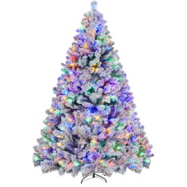 Yaheetech 7.5ft Pre-lit Spruce Artificial Christmas Tree Snow Flocked Hinges Tree with 550 Multicolor LED Lights & 1284 Branch Tips & Metal Stand for Home, Office, Party Decoration, White