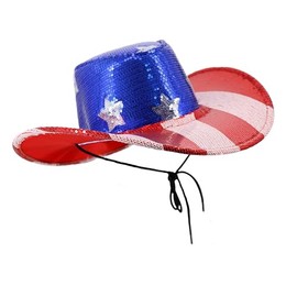 American Flag Sequin Cowboy Hat, Patriotic Western Headwear, Red White and Blue