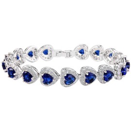 EVER FAITH Women's Cubic Zirconia Birthstone Elegant Heart-Shaped Roman Tennis Bracelet Royal Blue Silver-Tone