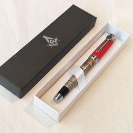 Masonic Symbols Engraved Heavy Weight Silver Metal Fountain Pen, Gift Box (Blue Ink Cartridge)