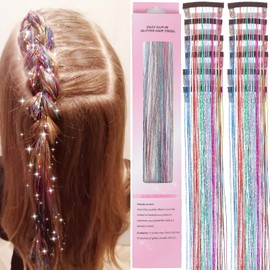 Clip in Hair Tinsel 12 Pcs Hair Tinsel Kit for Girls 22 Inch Glitter Fairy Tinsel Hair Extensions Colorful Heat Resistant Party Festival Hair Accessories for Women Kids (7- Colors)