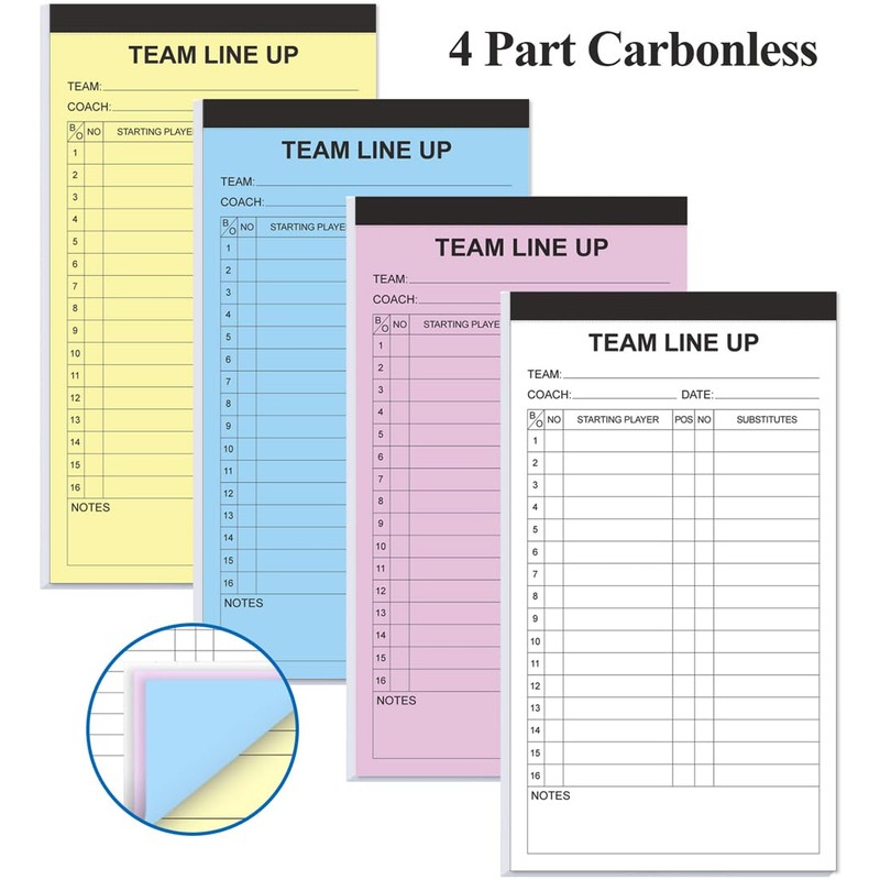 Baseball/Softball Lineup Cards, 4 Part Carbonless, 16 Player Roster Line