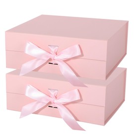 LFBOX Pink Gift Box with Ribbon Magnetic Lids 10.2x9x3.74 in, Bridesmaid Groomsman Proposal Boxes, Wedding Graduation Storage Box 2 Pack