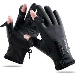 AOY Men's Cycling Gloves, Thermal Gloves, 2 Finger Outdoors Design, Fleece-Lined, Anti-Slip, Touch Panel Compatible, Finger Insert, Reflective Tape, Cold Protection, Windproof, Waterproof, For