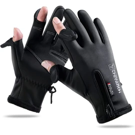 AOY Men's Cycling Gloves, Thermal Gloves, 2 Finger Outdoors Design, Fleece-Lined, Anti-Slip, Touch Panel Compatible, Finger Insert, Reflective Tape, Cold Protection, Windproof, Waterproof, For
